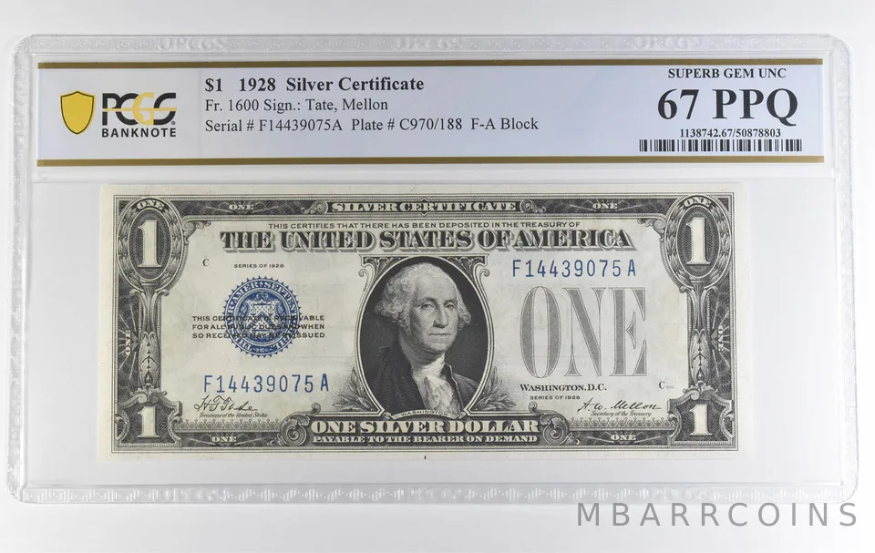 1928 $1 Silver Certificate Fr#1600 Superb Gem Unc 67 PPQ PCGS a3911