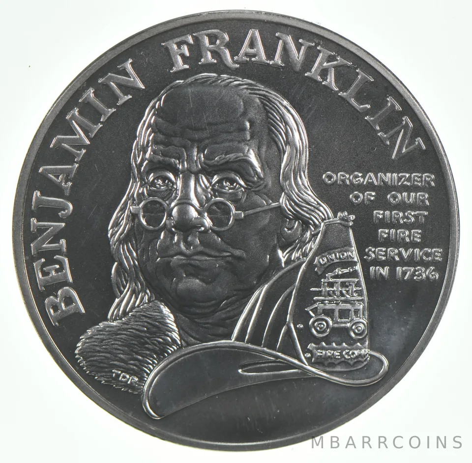 1992 Unc Ben Franklin Firefighters Commemorative 1 oz Silver Medal Round