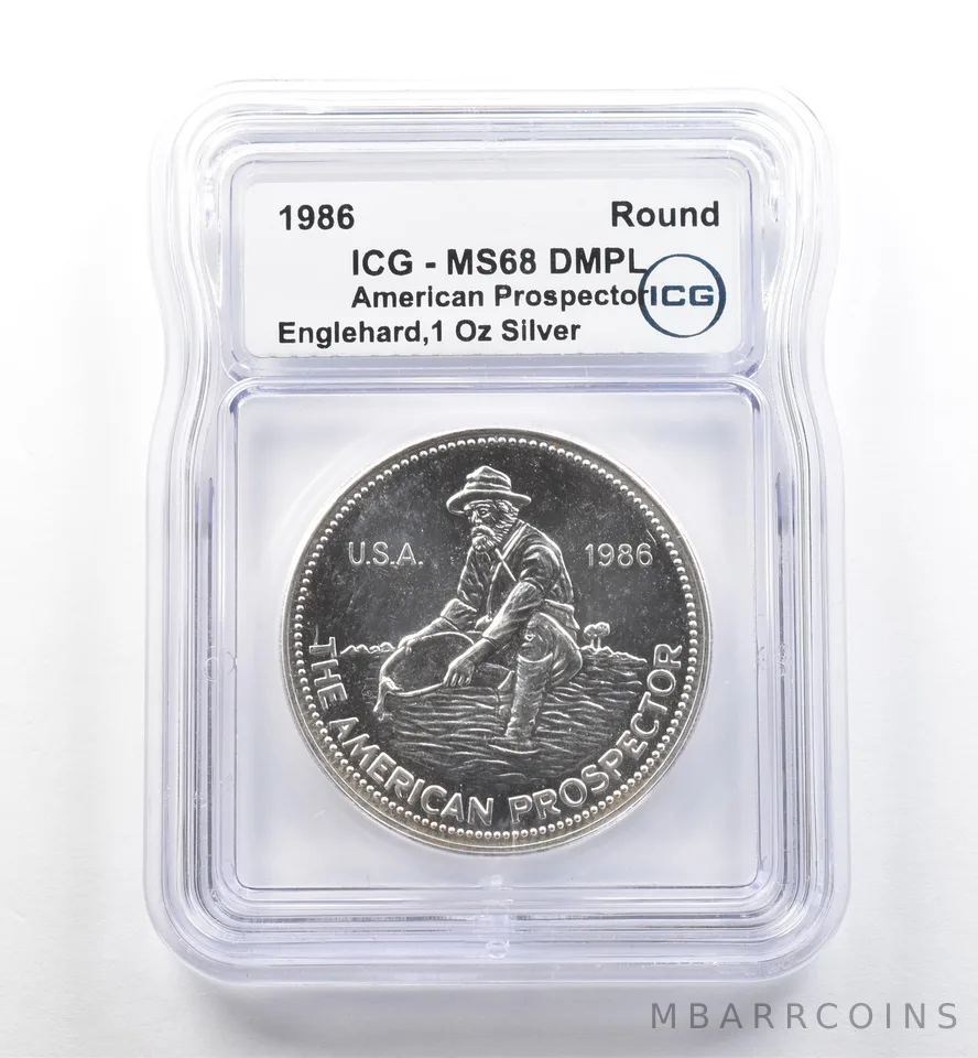 1986 Engelhard 1 Oz Silver American Prospector Eagle Reverse MS68 DMPL ICG *7472