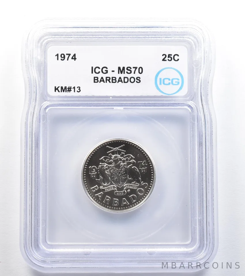 1974 Barbados 25 Cents KM#13 MS70 ICG *8007