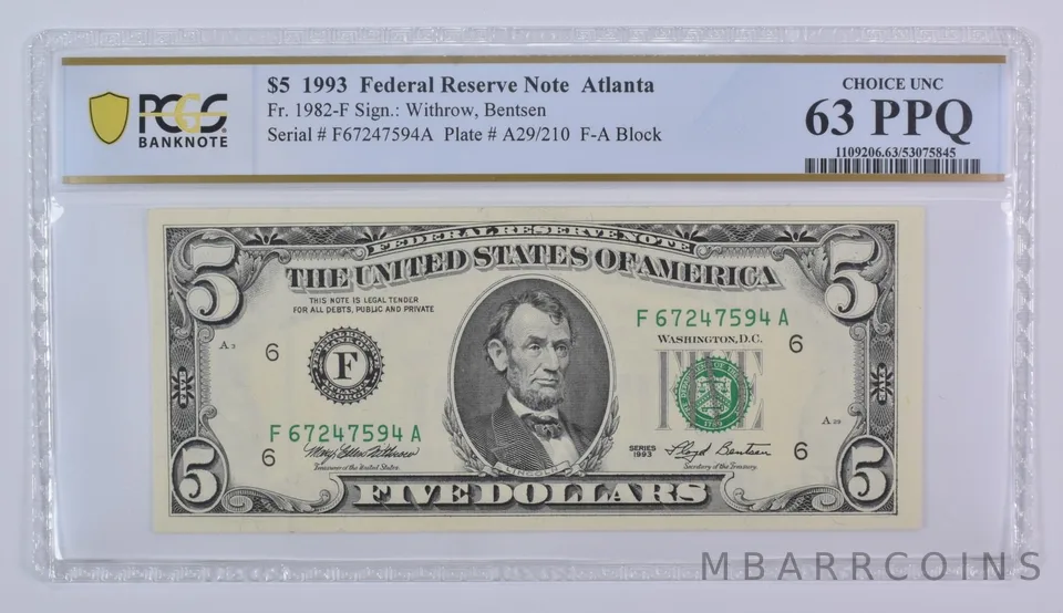 1993 $5 Atlanta GA FRN Fr#1982-F Choice Unc 63 PPQ PCGS