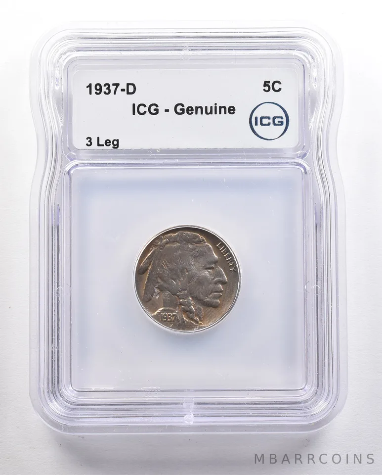 1937-D Indian Head Buffalo Nickel 3 Leg Genuine ICG *4384