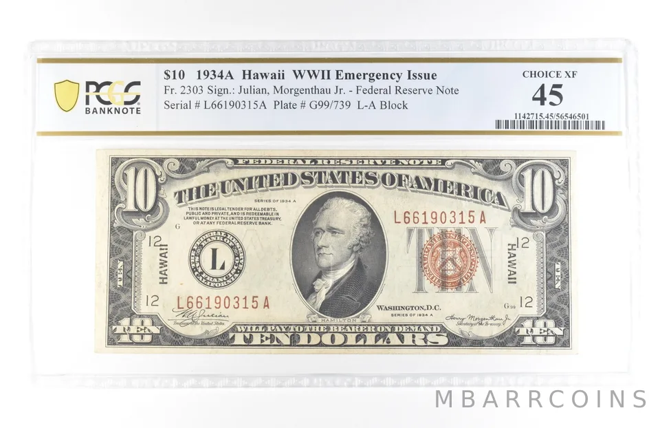 1934 A $10 Hawaii WWII Emergency Issue FRN Fr#2303 Choice XF 45 PCGS *5795