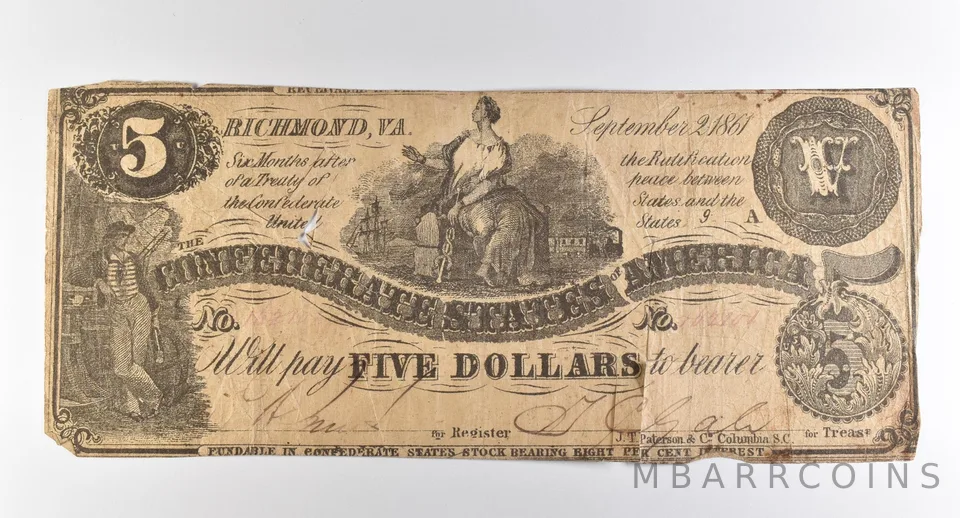 1861 $5 Richmond VA Confederate States Of America Obsolete Note *3871