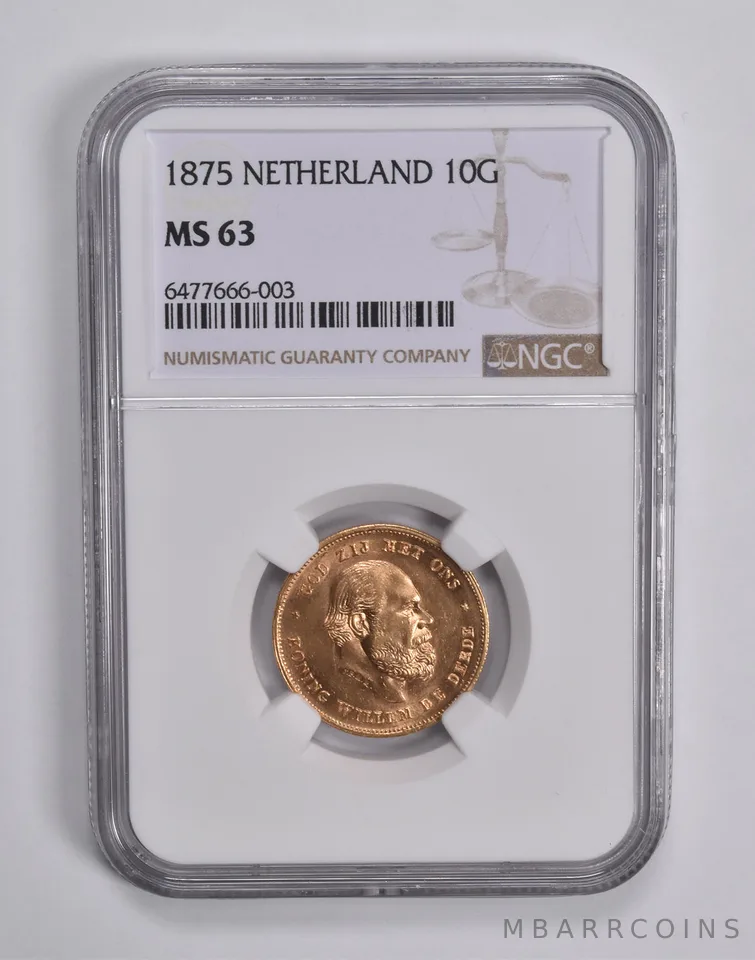MS63 1875 Netherlands Gold 10 Gulden NGC *6548