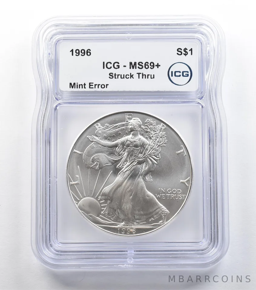 1996 American Silver Eagle Mint Error Struck Thru MS69+ ICG *5436