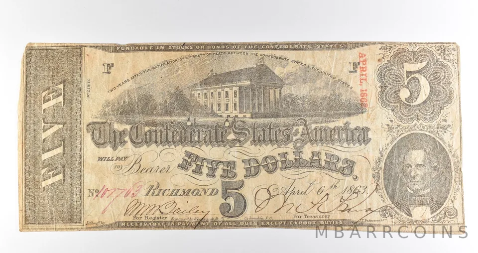1863 $5 Richmond VA Confederate States Of America Obsolete Note *3894