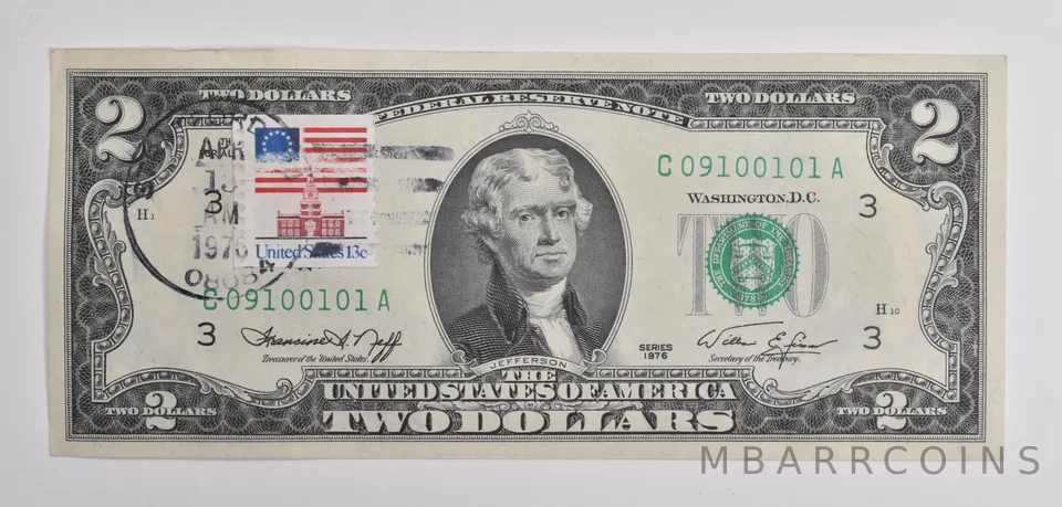 $2 1976 FRN Note First Day of Issue Stamp - Independence Hall Stamped