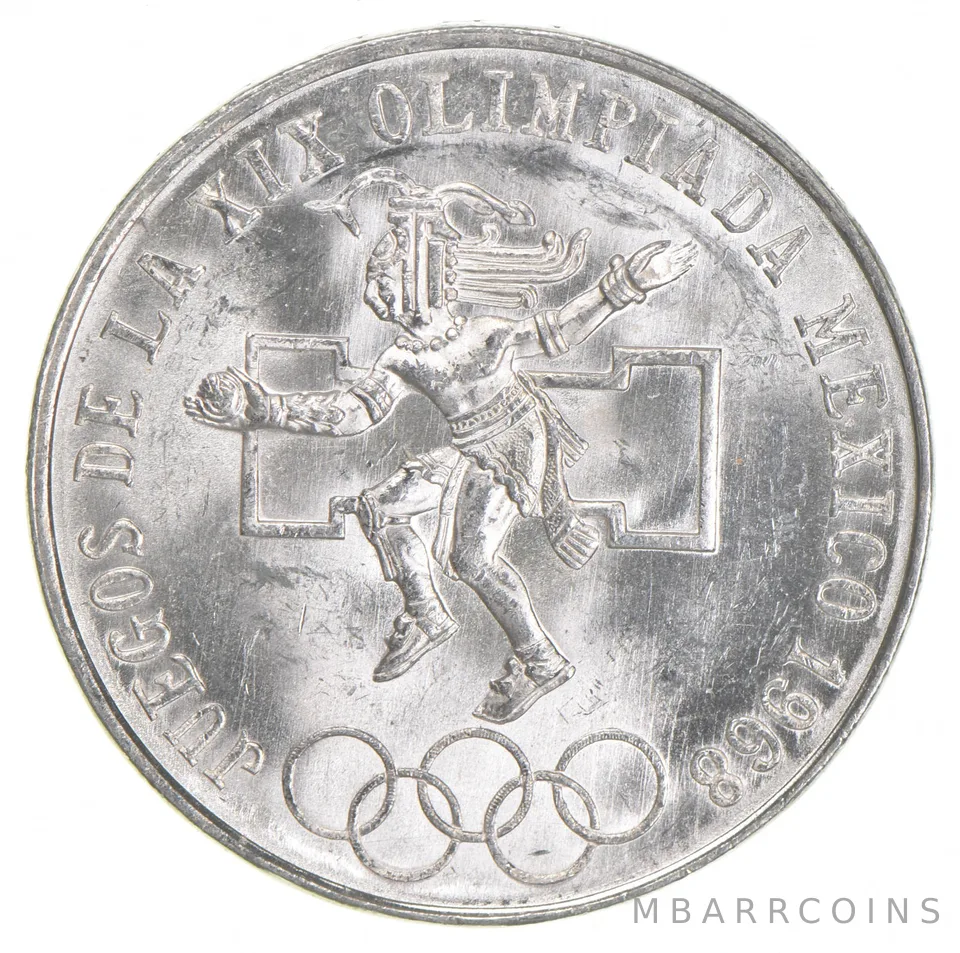 1968 Mexico 25 Pesos Olympic Games Eagle & Snake Silver Gem BU