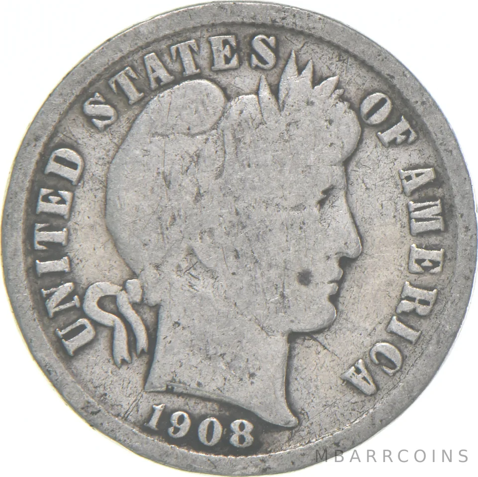 1908-D Barber Dime 90% Silver Average Circ
