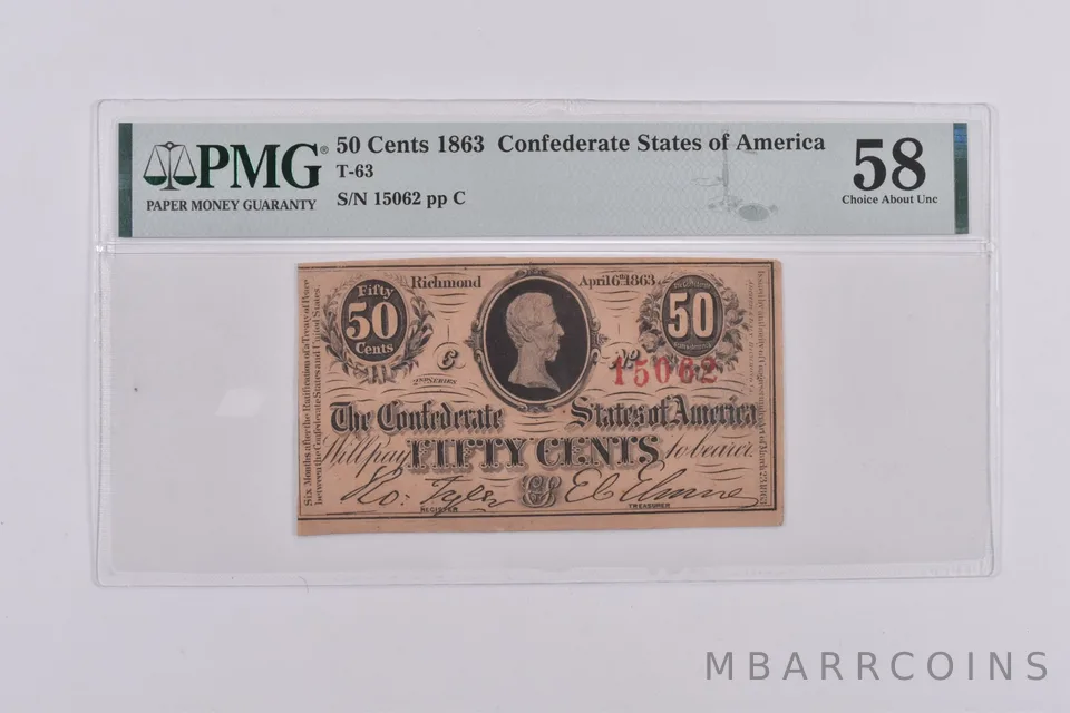 1863 50 Cents Confederate States Of America PMG 58 Choice About Unc