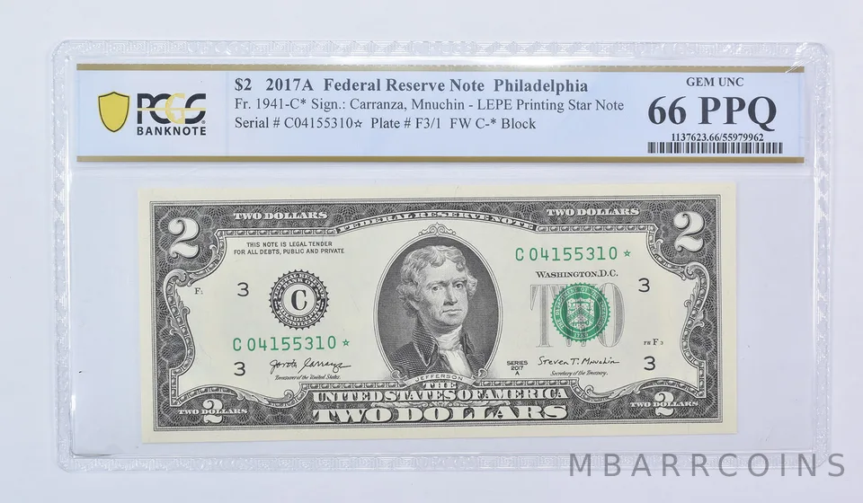 $2 2017 A Philadelphia PA FRN Star Note Fr#1941-C* Gem Unc 66 PPQ PCGS