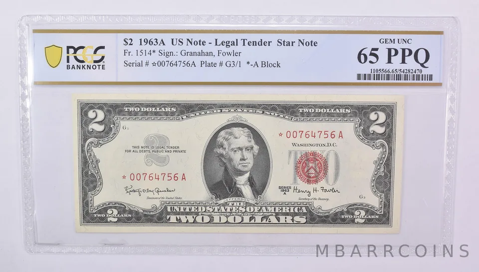1963 A $2 US Legal Tender Star Note Fr#1514 Gem Unc 65 PPQ PCGS