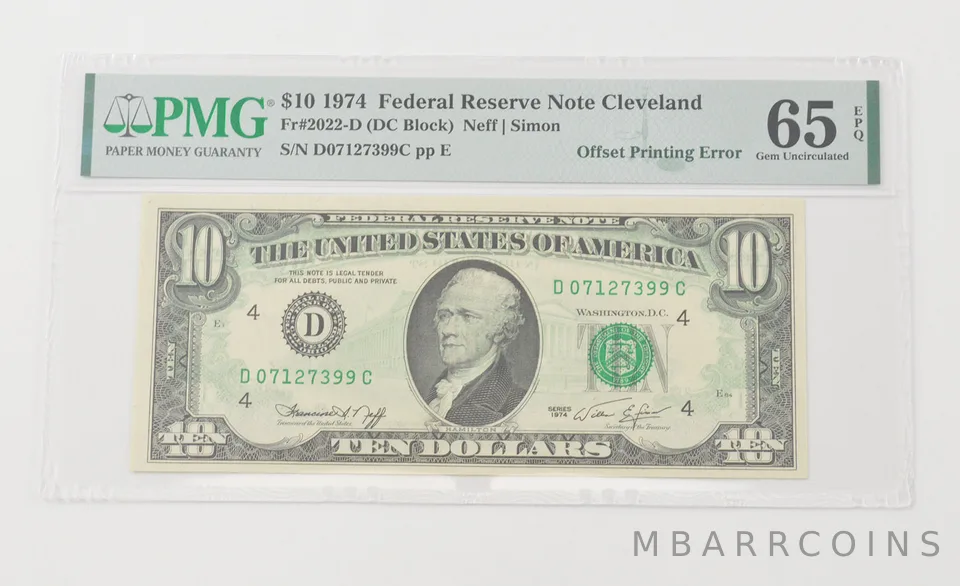 Gem UNC 65 EPQ 1974 $10 FRN Cleveland - FR#2022-D Printing Error PMG *6567