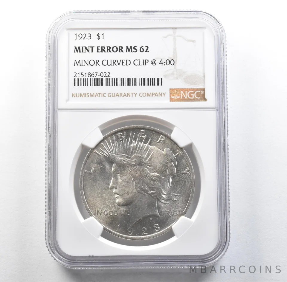 1923 Peace Silver Dollar Mint Error Minor Curved Clip @ 4:00 MS62 NGC *3136