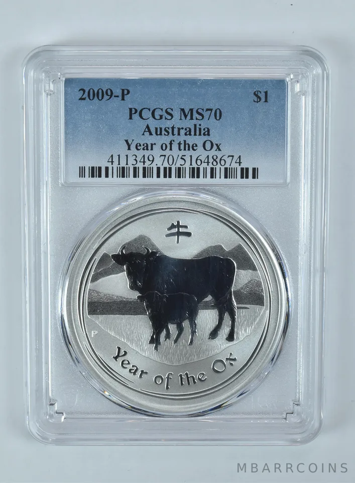 2009 P Australia 1 Dollar Silver Year Of The Ox MS70 PCGS Blue Label