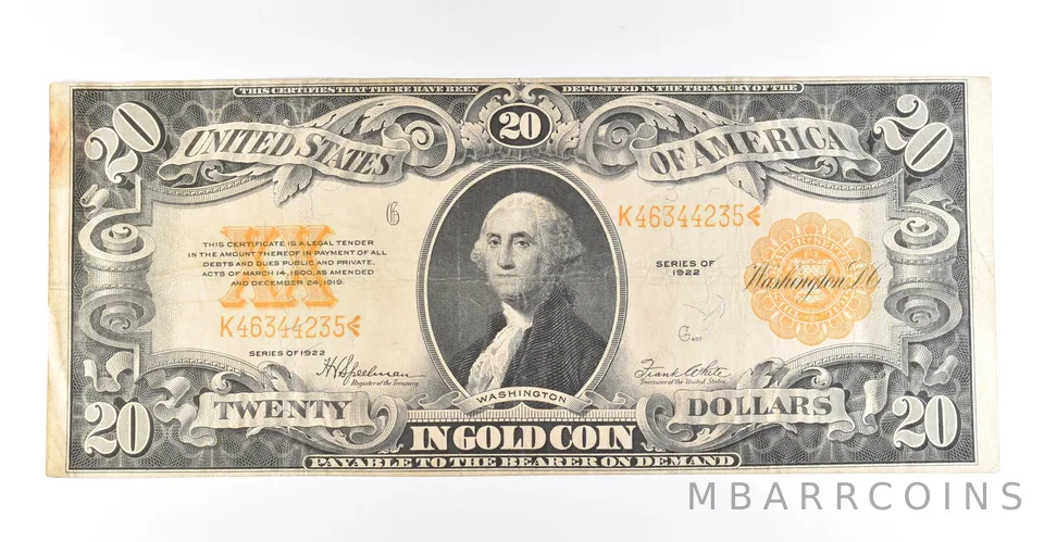 1922 $20 Gold Certificate Large Note Yellow Seal a3424
