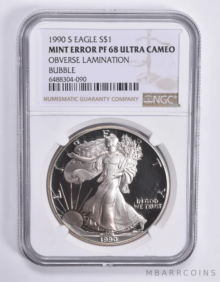 ERROR PF68 UCAM 1990-S American Silver Eagle OBV Lamination Bubble NGC a1825