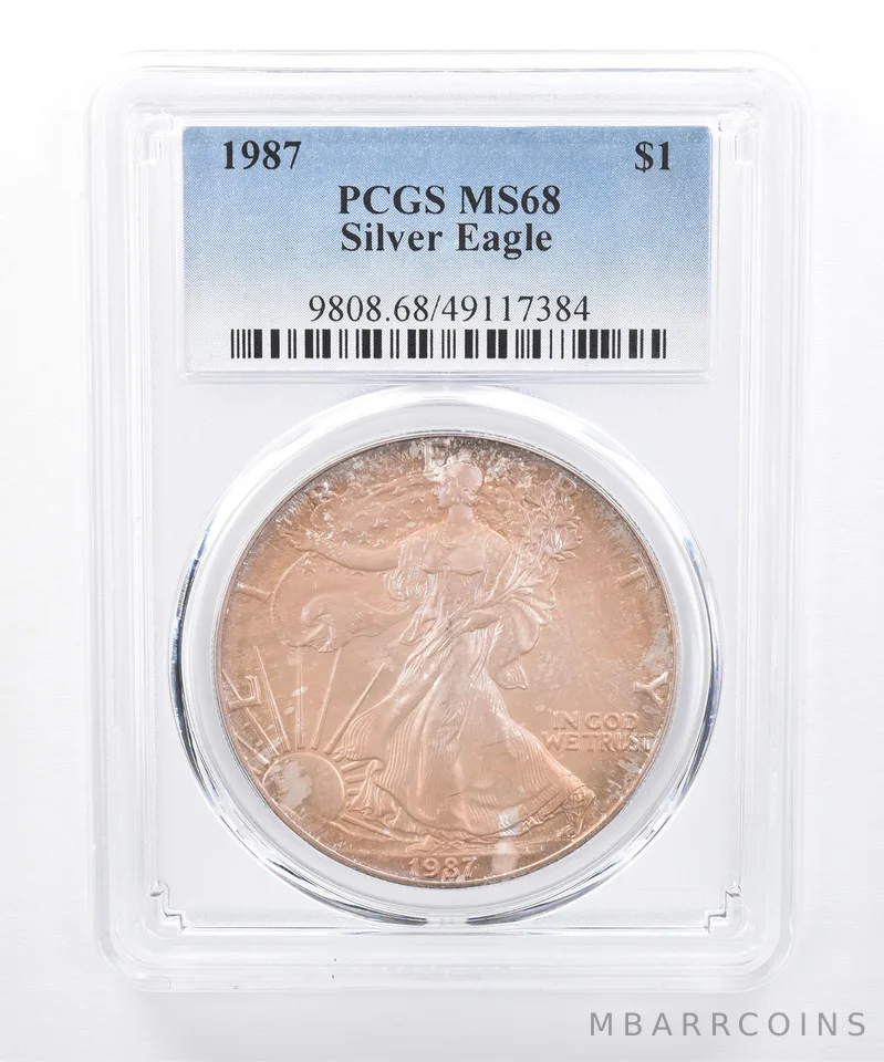 1987 American Silver Eagle MS68 PCGS Iridescent Tone *8462