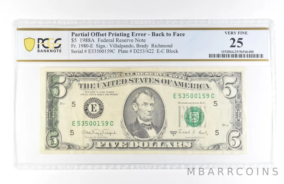 1988 A $5 25 VA FRN Partial Offset Print Error Back To Face Fr#1980-E PCGS *5819