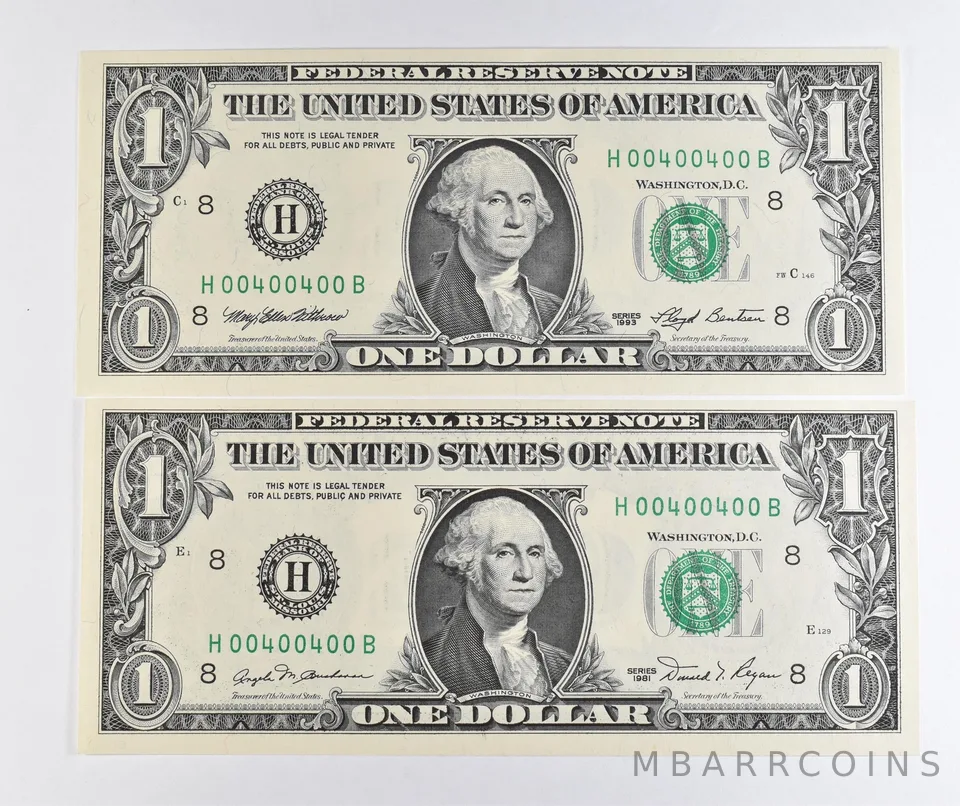 Lot (2) Matching Radar Numbers 1993/1981 $1 St Louis MO FRN Fancy Serial *1704