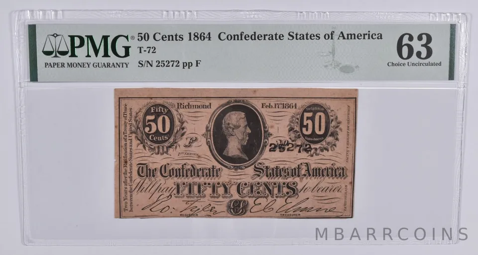 1864 50 Cents Confederate States of America PMG 63 Choice Uncirculated