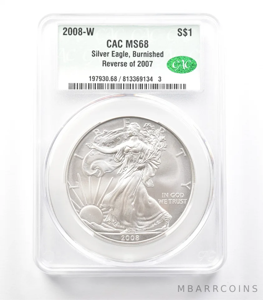 2008-W Reverse Of 2007 Burnished Silver Eagle MS68 CAC CACg *3686