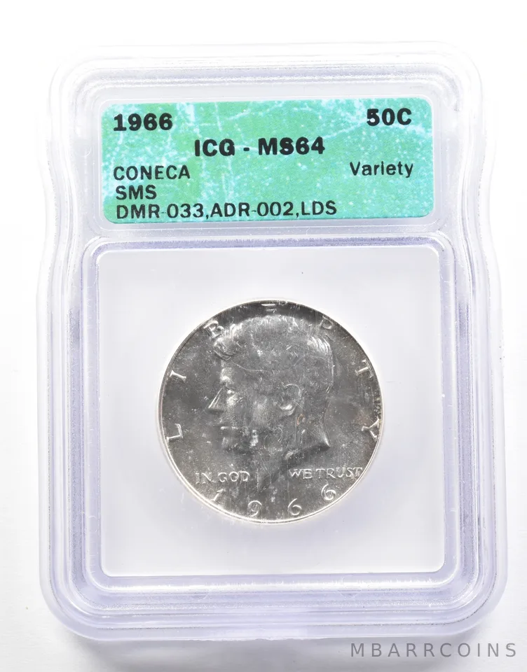 1966 Kennedy Half Dollar SMS Coneca Variety DMR-033, ADR-002, LDS MS64 ICG *2107