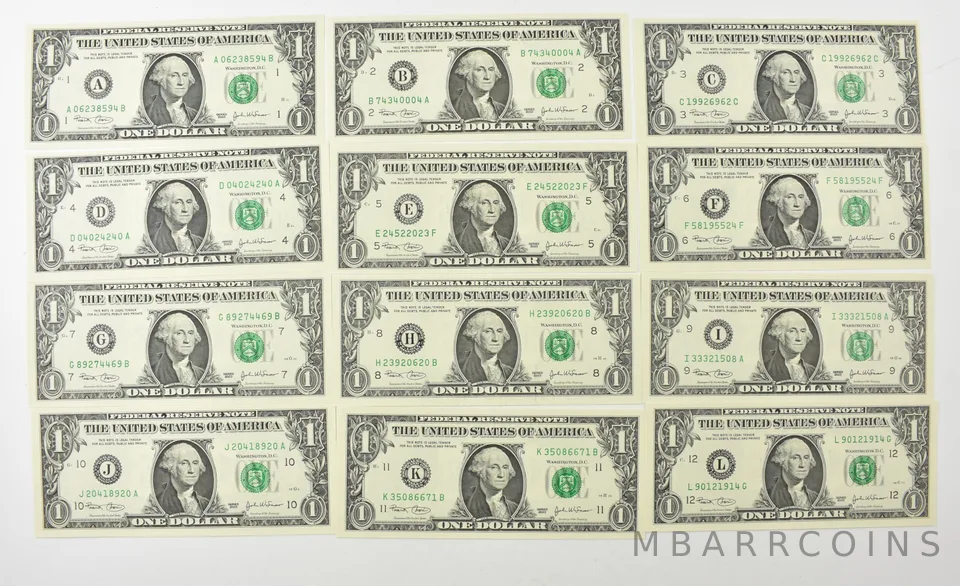 Lot (12) 2003 $1 FRN Complete District Set a7941