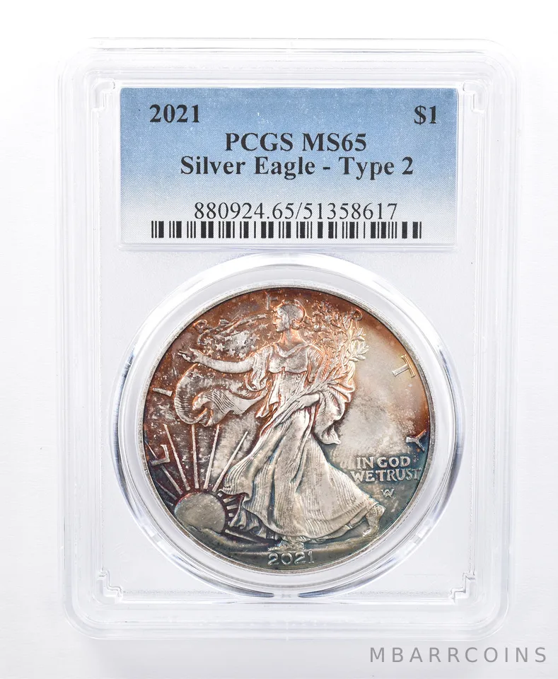 2021 American Silver Eagle Type 2 MS65 PCGS Orange/Green Tone *8607