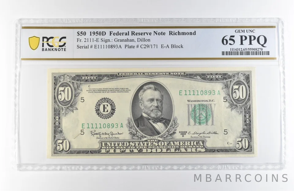 1950 D $50 Richmond VA FRN Fr#2111-E Gem Unc 65 PPQ PCGS *7883