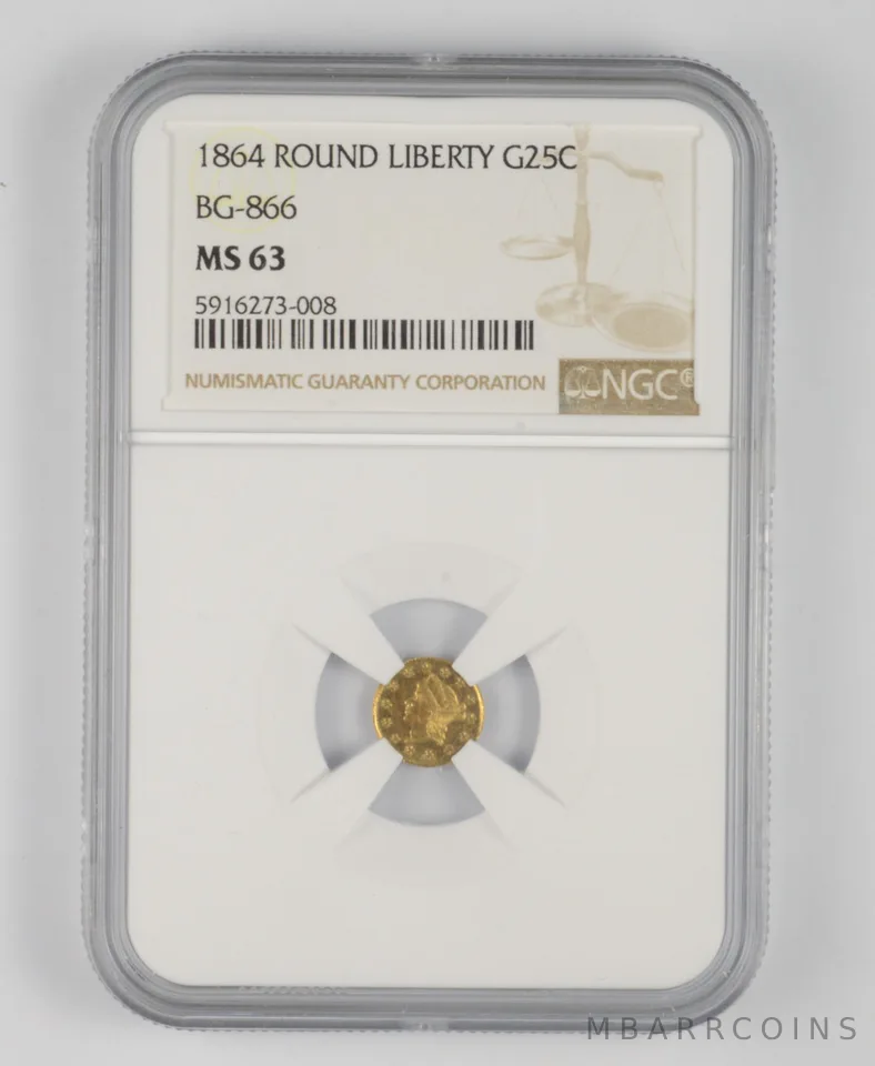 MS63 1864 Round Liberty Gold 25 Cents - BG-866 - Graded NGC *1060