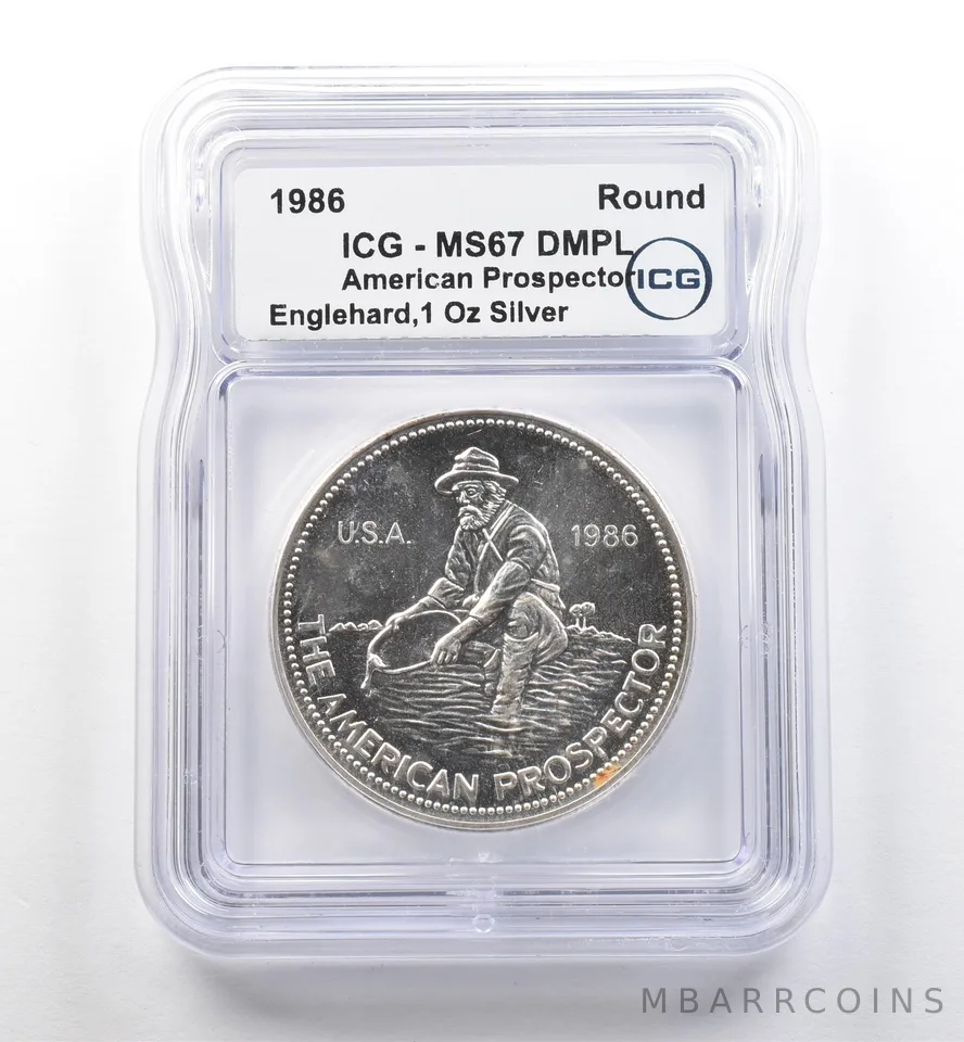 1986 Engelhard 1 Oz Silver American Prospector Eagle Reverse MS67 DMPL ICG *7478
