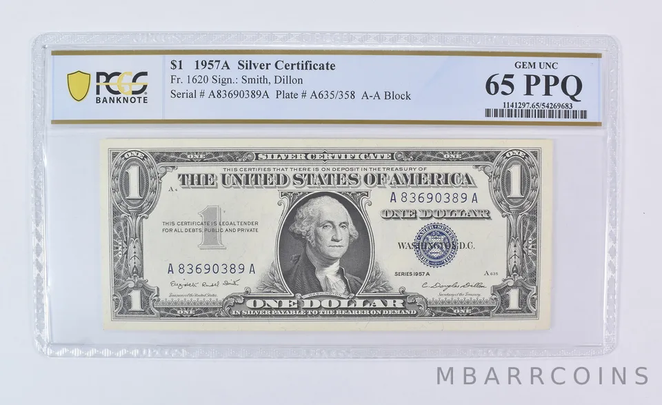 1957 A $1 Silver Certificate Fr#1620 Gem Unc 65 PPQ PCGS