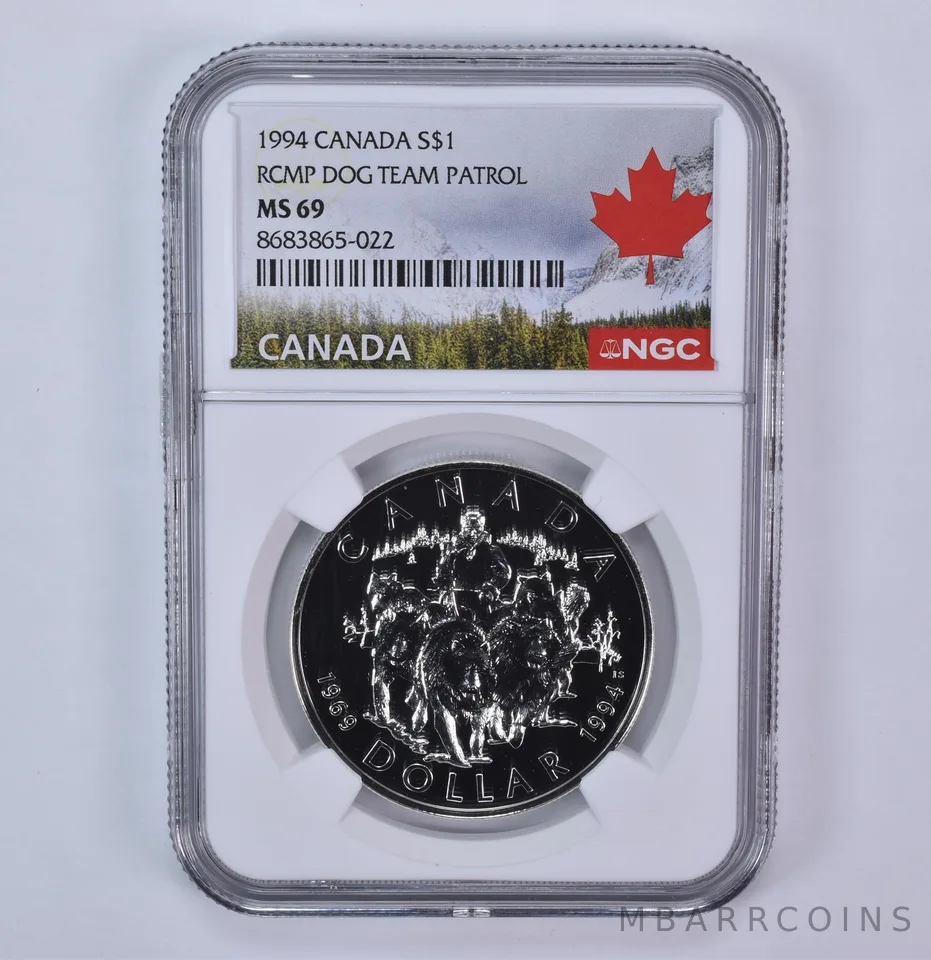 1994 Canada 1 Dollar Silver RCMP Dog Team Patrol MS69 NGC Canada Label