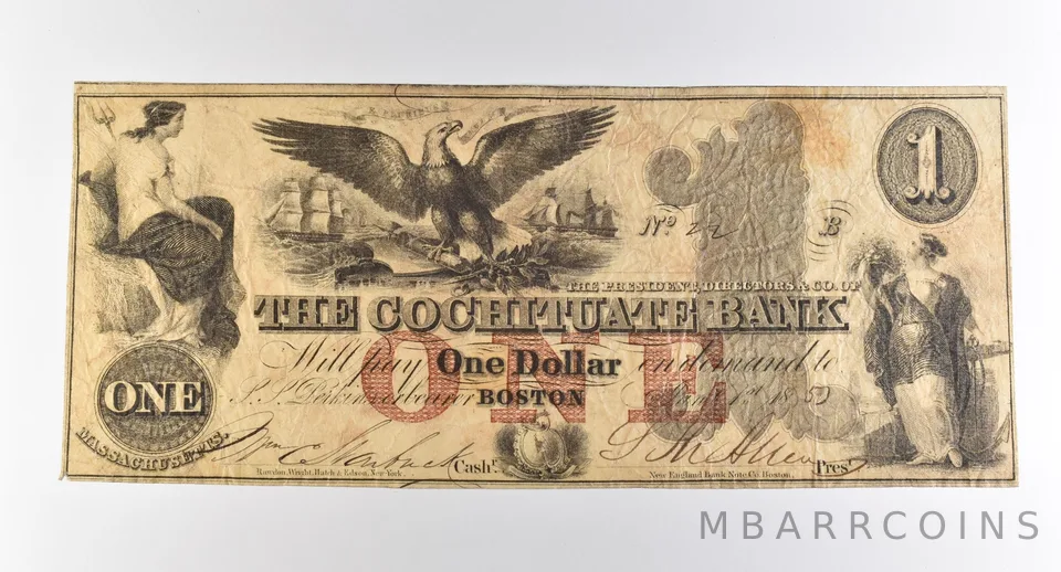 1852 $1 Boston MA Cochituate Bank Obsolete Note *3814