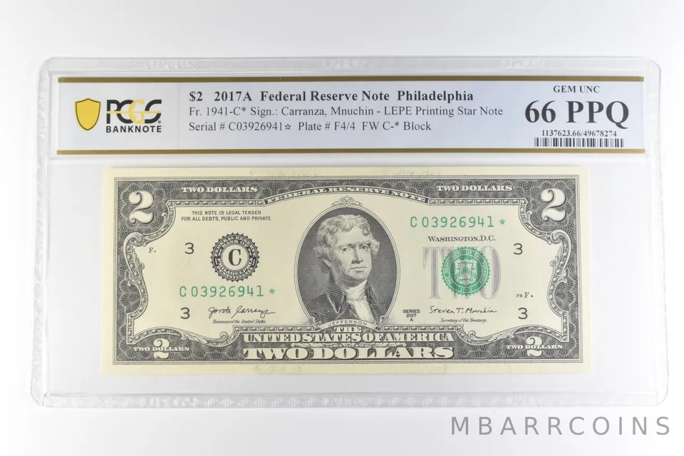2017 A $2 Philadelphia PA FRN Fr#1941-C* LEPE Printed Star 66 PPQ PCGS *0673