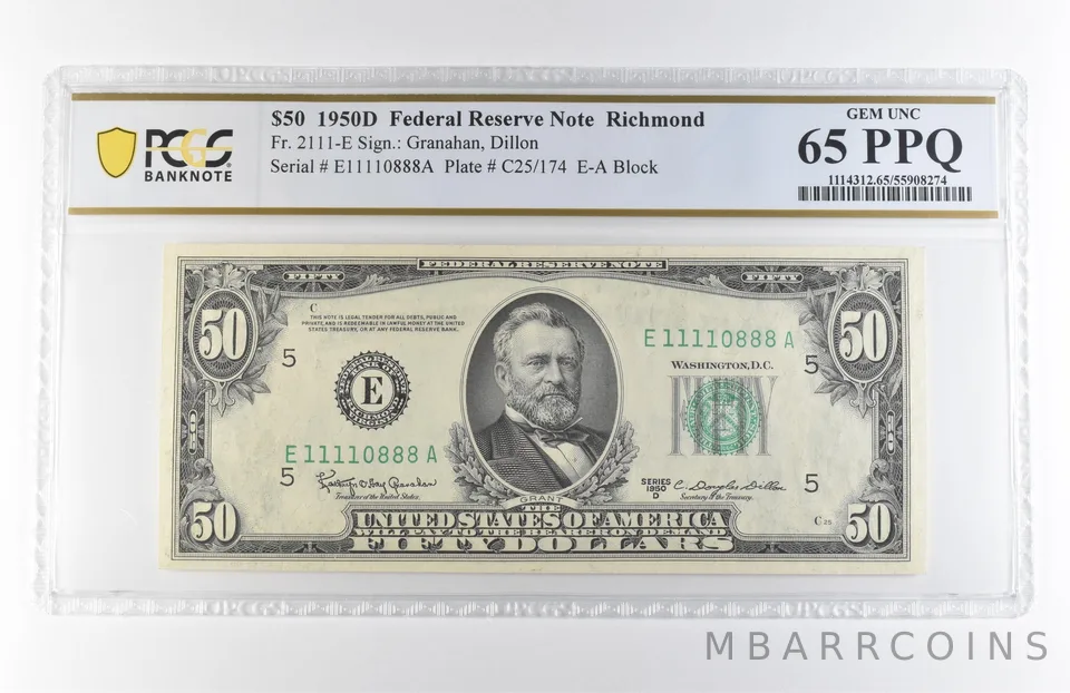 1950 D $50 Richmond VA FRN Fr#2111-E Gem Unc 65 PPQ PCGS *7879