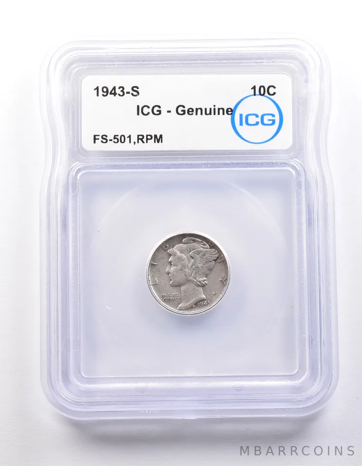 1943-S Mercury Dime FS-501 RPM Genuine ICG *9842