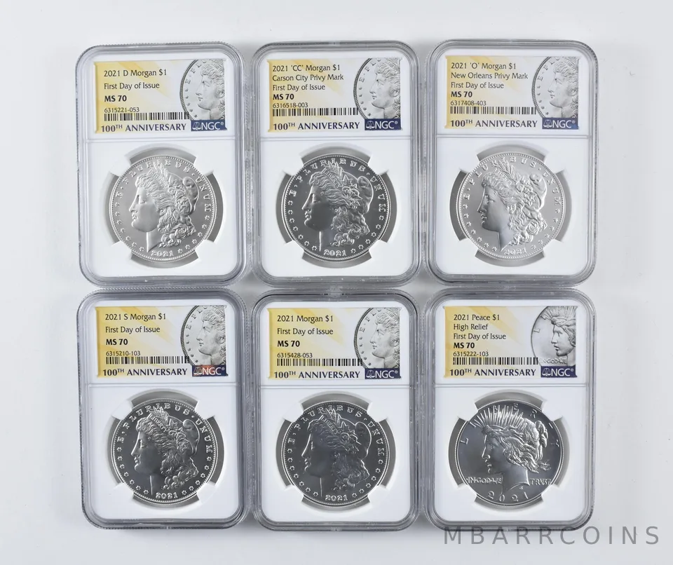 Lot (6) 2021/D/S/O/CC Morgan/Peace Silver Dollar FDOI MS70 NGC a1527