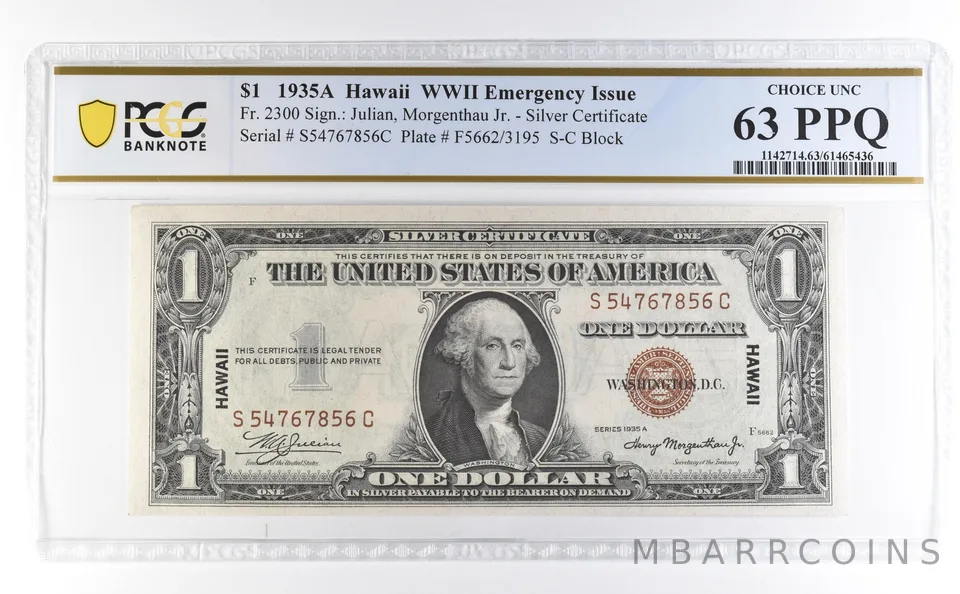 1935 A $1 Silver Certificate Hawaii WWII Emergency Fr#2300 Unc 63 PPQ PCGS *4625
