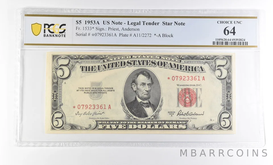 1953 A $5 Legal Tender Star Note Fr#1533* Choice Unc 64 PCGS *2946