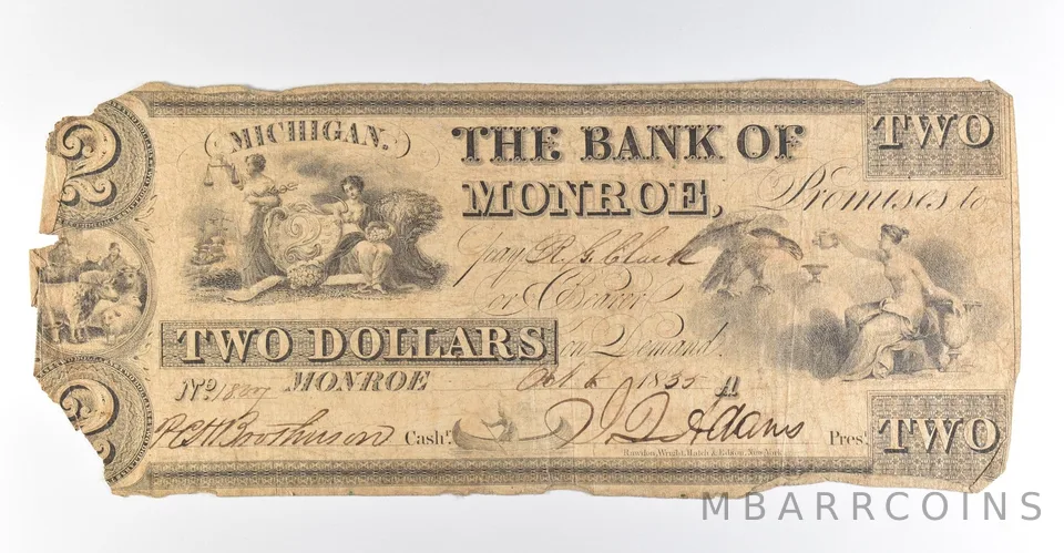 1835 $2 Bank Of Monroe MI Obsolete Note *8445
