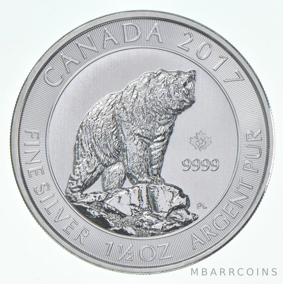 2017 Canada 8 Dollars Silver Grizzly Bear 1.5 Oz 1 1/2 Oz Silver