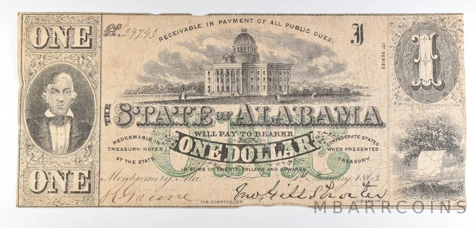 1863 $1 Alabama Obsolete Note *8622