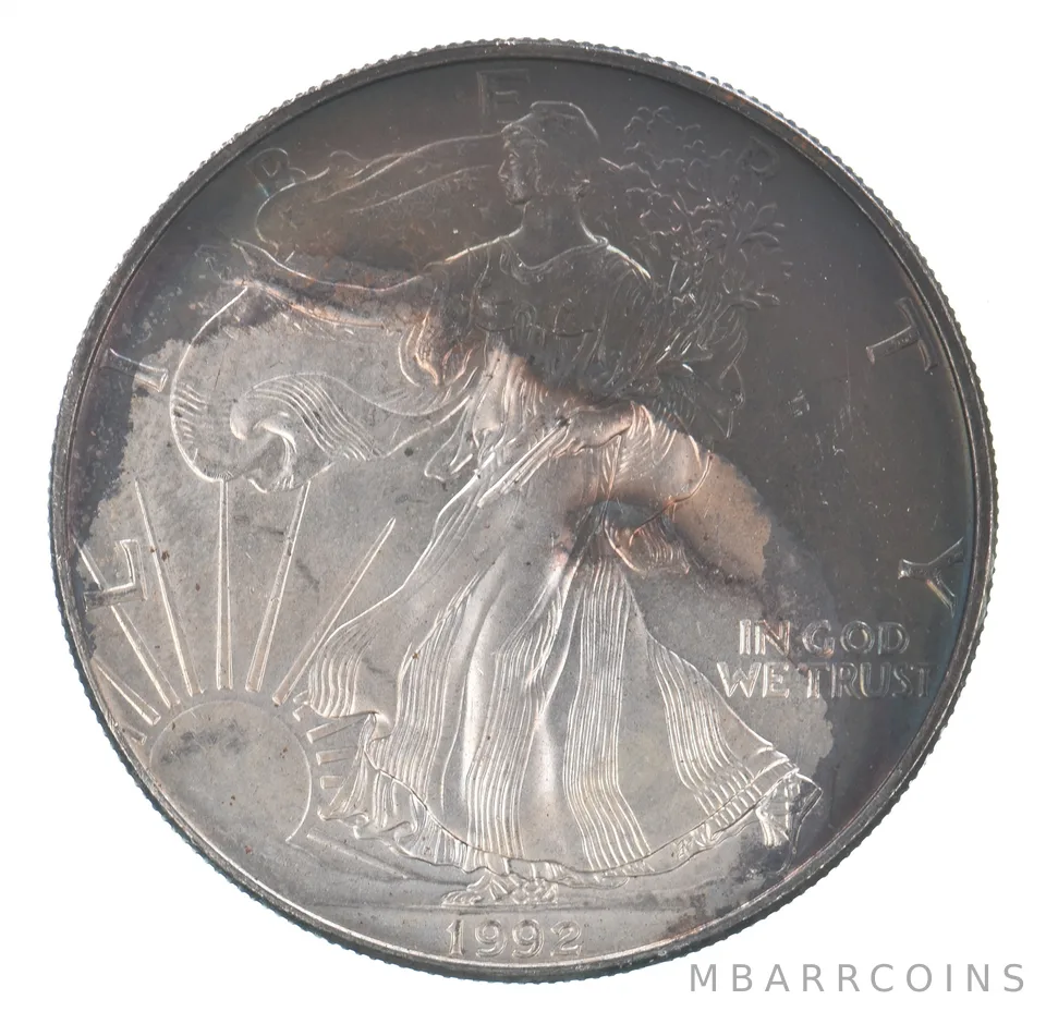 Beautiful Toned - 1992 American Silver Eagle 1 Troy Oz .999 Fine Silver *054