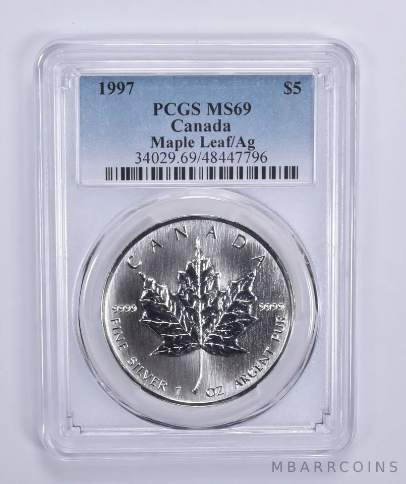 1997 Canada 5 Dollar Maple Leaf 1 Oz Silver MS69 PCGS Blue Label