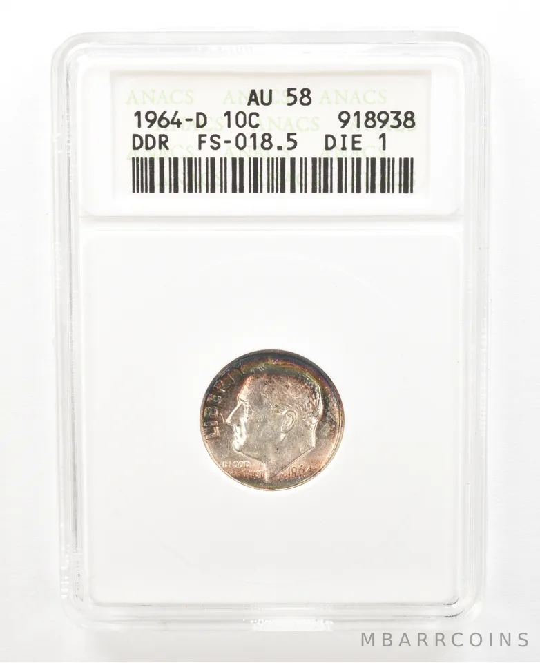 1964-D Roosevelt Dime DDR FS-018.5 Die 1 AU58 ANACS Beautiful Tone a2327