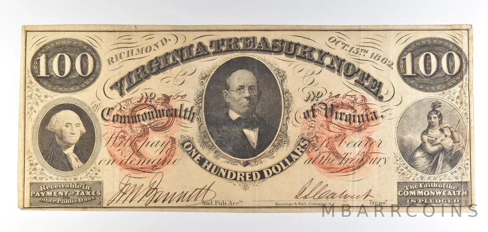 1862 $100 Richmond VA Treasury Note Obsolete Note *8762