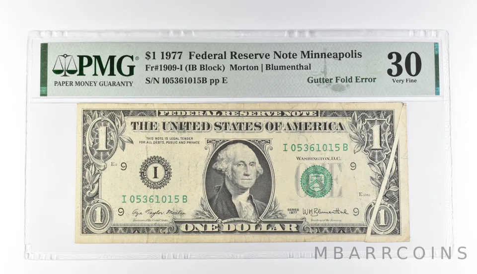 PMG 30 VF $1 1977 FRN Minneapolis Fr#1909-I Gutter Fold Error *3193